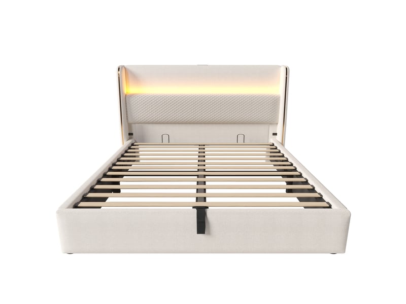 Lit coffre 140x200 cm, lit double, tête de lit haute, charge, led, sommier, lin, bois, métal, beige, matelas non inclus - Conforama E