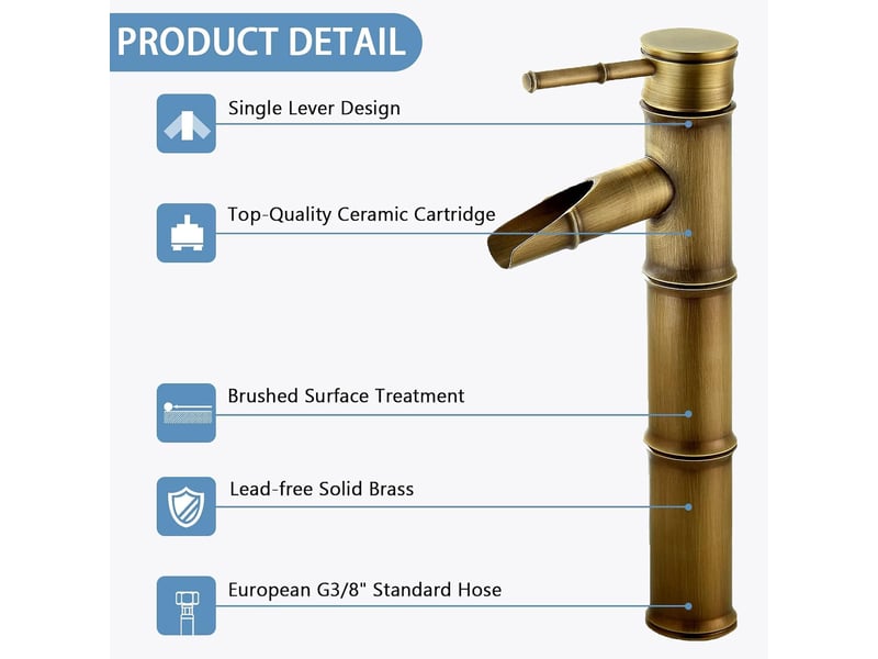  Robinet salle bain bambou haut, mitigeur cascade lavabo robinet de lavabo mitigeur, robinetterie monotrou eau chaude et froide disponible  - Conforama D