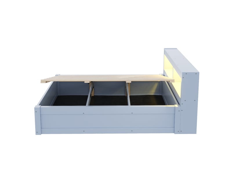  Lit coffre simple 90x200 cm avec rangement hydraulique, prise, niches et éclairage led, sans matelas, gris  - Conforama E