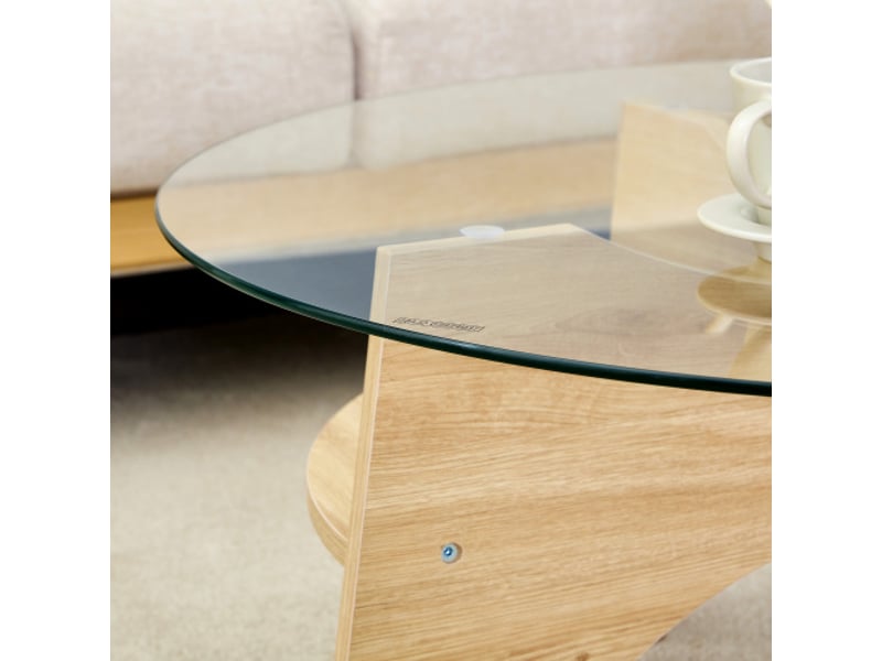  Table basse ronde en verre ø80 cm - plateau transparent, design multifonction, piètement éventail en mdf bois naturel  - Conforama E