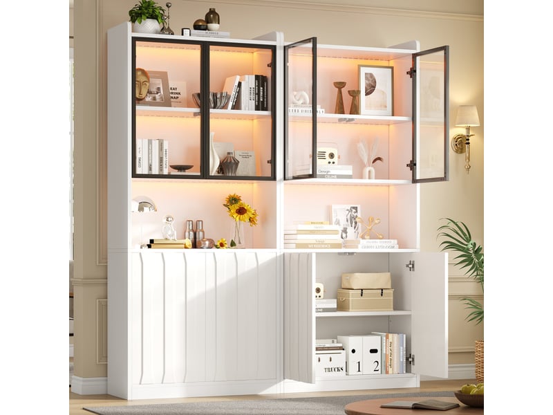  Lot de 2 vitrines avec  portes vitrées, 'un éclairage led et d'étagères ouvertes ,160 x 35 x 200 cm,  blanc  - Conforama D