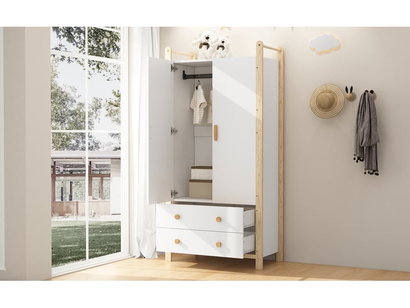 Armoire 2 portes tringle vêtements 2 tiroirs chambre salon vestiaire aggloméré blanc pin - Conforama D