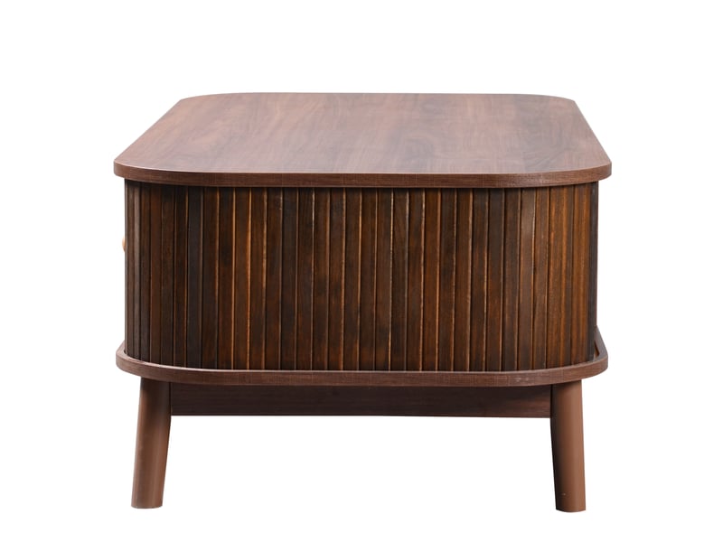  Table basse 110x55x38,5 cm avec portes à lattes en bois, tiroirs en rotin et pieds en bois, mdf, couleur naturel  - Conforama D