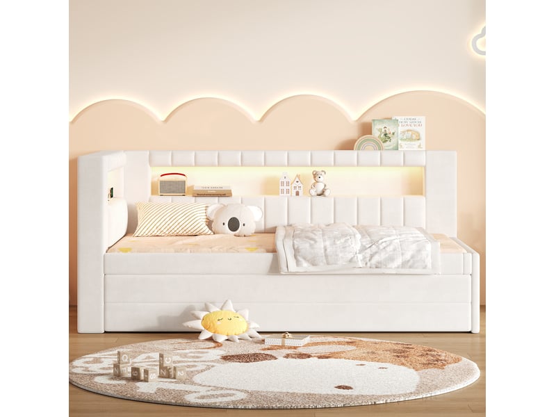  Lit jeune, lit banquette gigogne 90x200 cm, led et tiroirs en mdf, coloris blanc  - Conforama B