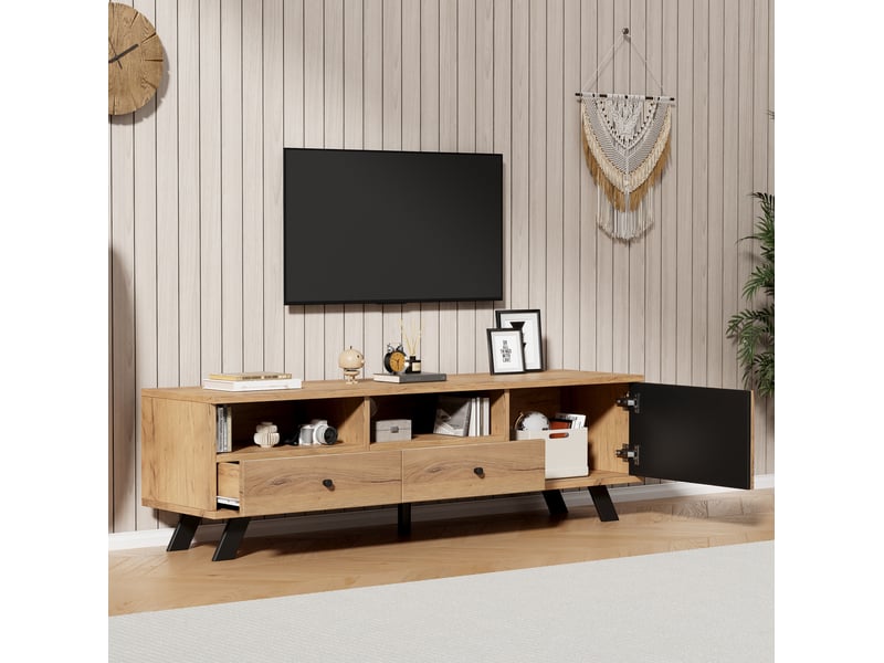 Meuble tv bas 150 cm, 2 tiroirs, 1 porte de rangement, effet bois, meuble de salon, structure aggloméré, bois et noir - Conforama B