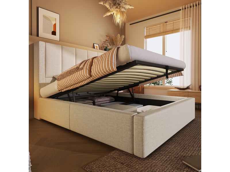  Lit coffre simple 90×200 cm avec usb, type-c et porte-gobelet - okmyhome- beige, matelas inclus, en lin  - Conforama C