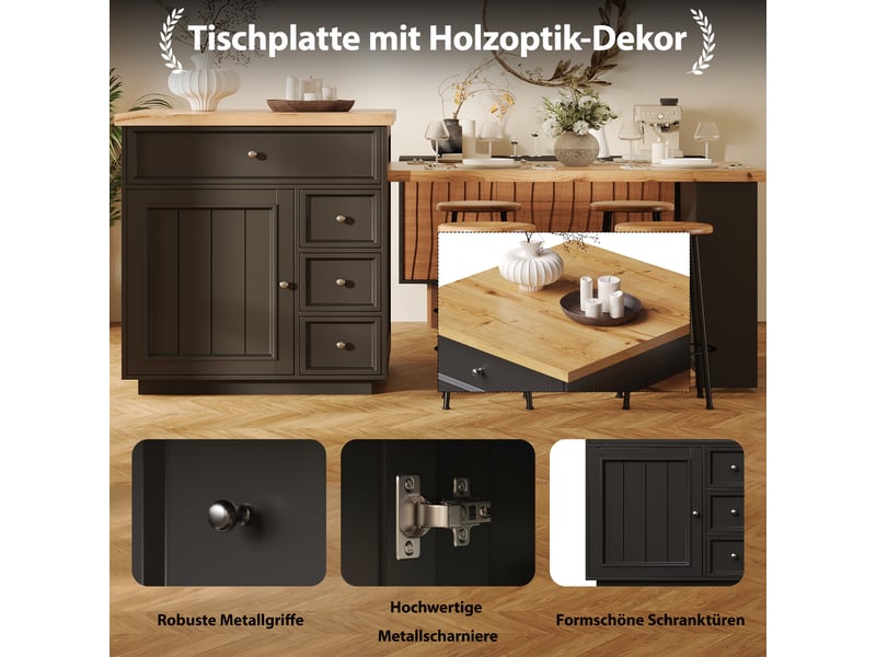 Îlot de cuisine extensible 120-184x70x94 cm avec tiroirs, roulettes et plateau effet bois, pour cuisine salle à manger ou bar, mdf, noir Bubbly - Conforama E