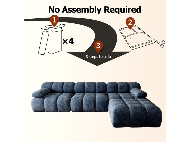  Canapé d’angle en l 4 places 300x200x68 cm sans structure, sans montage, mousse haute résilience, assise profonde et large, tissu chenille bleu  - Conforama E