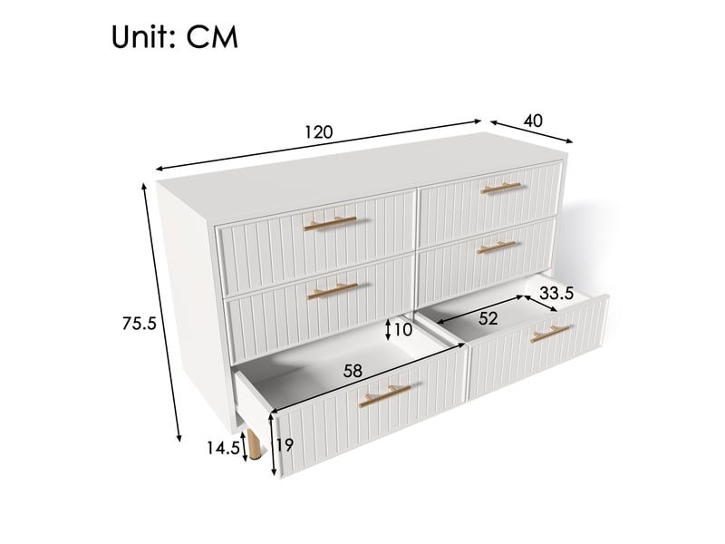  Buffet blanc 6 tiroirs meuble rangement moderne pieds métal dorés design ribbé pour chambre salon 120x75x40 cm  - Conforama C