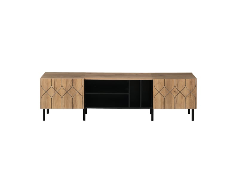  Meuble tv 180 cm pour téléviseur jusqu'à 70 pouces, meuble tv bois naturel et noir avec rangement fermé et quatre niches ouvertes  - Conforama A