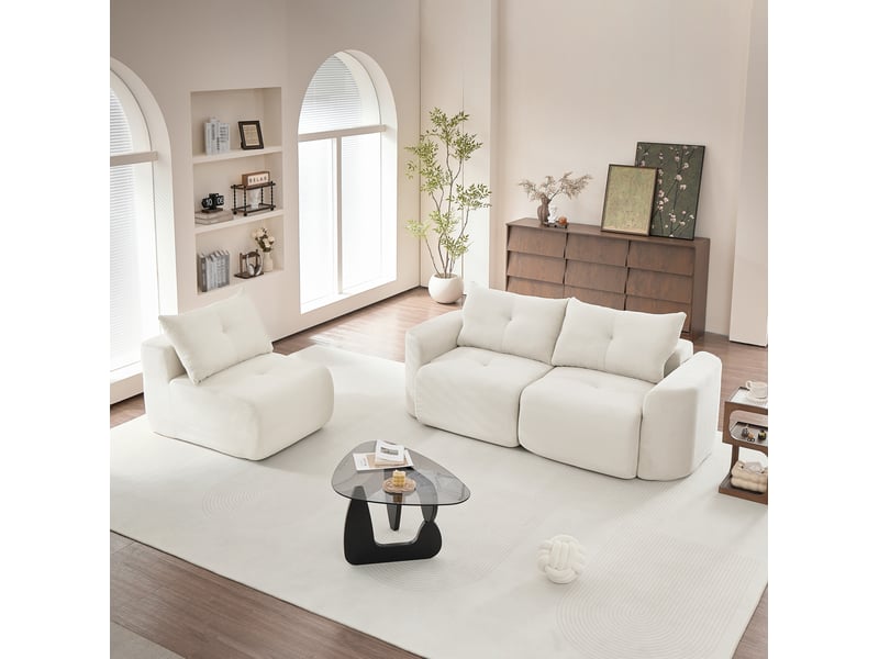  Canapé modulable 3 places couleur beige, configuration 2+1, design arrondi, mousse, revêtement côtelé  - Conforama E