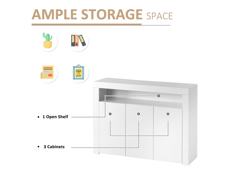  Buffet vitrine 3 portes avec 2 niches et led pour salon 130×35×95 cm en panneaux de particules blanc  - Conforama C