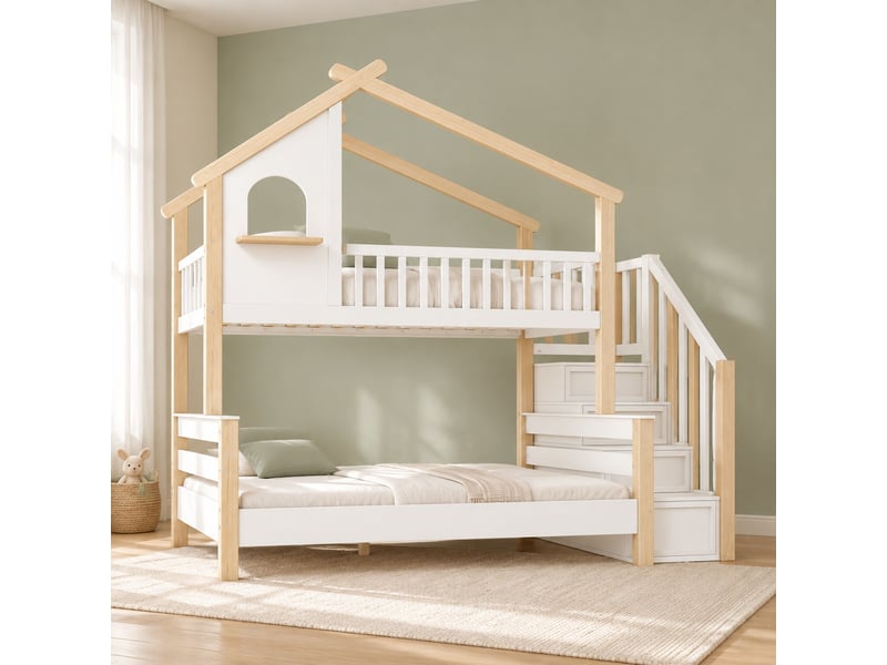 Lit superposé enfant 90x190 et 120x190 cm avec escalier de rangement, blanc et naturel - Conforama D