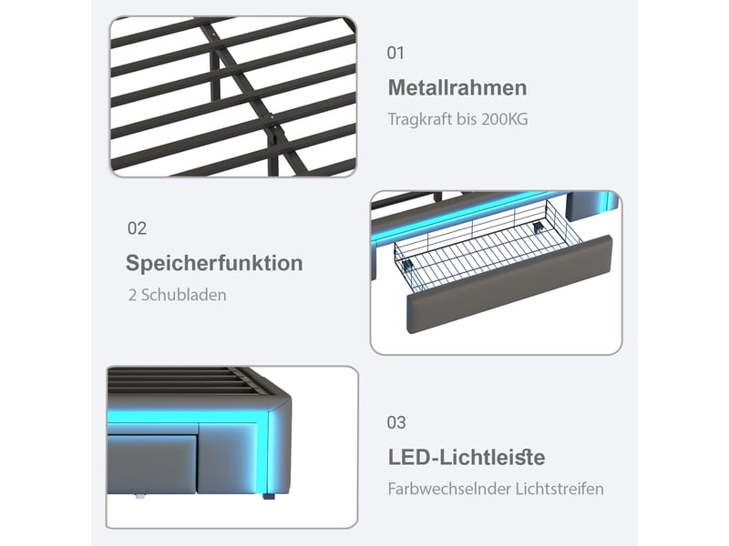  Lit simple 90x200 cm avec tiroirs et bande lumineuse led, cadre de lit adulte en métalliques, lit 1 personne en cuir pu, gris  - Conforama E