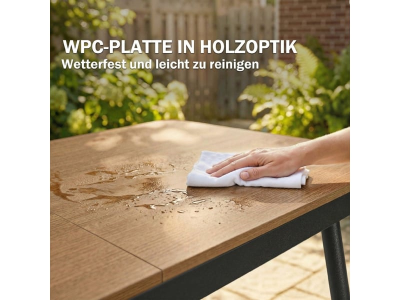  Table de jardin 140x80 cm – teck – plateau wpc, pieds réglables et structure métal pour 6 personnes  - Conforama E