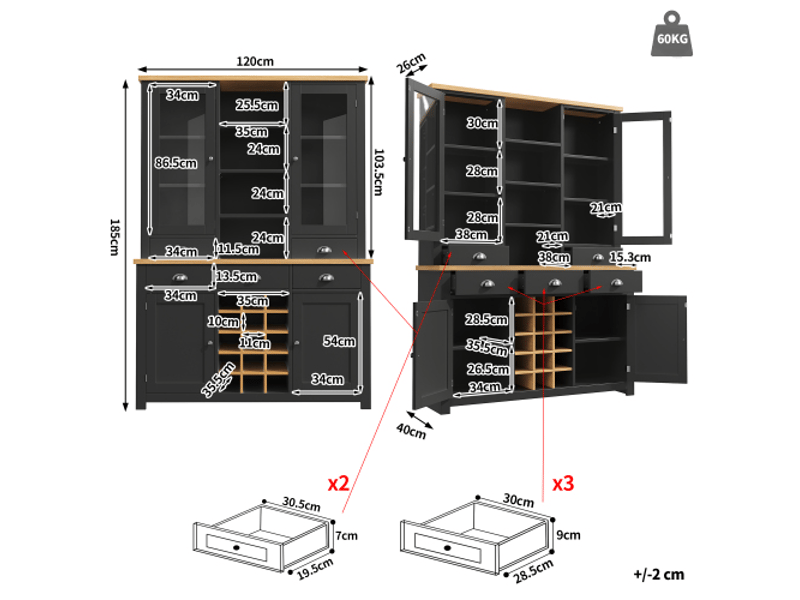 Armoire multi-usages noir, anti-bascule, pour cuisinesalon, porte vitrée, poignées métal, fermeture douce, rangement vin amovible. - Conforama C