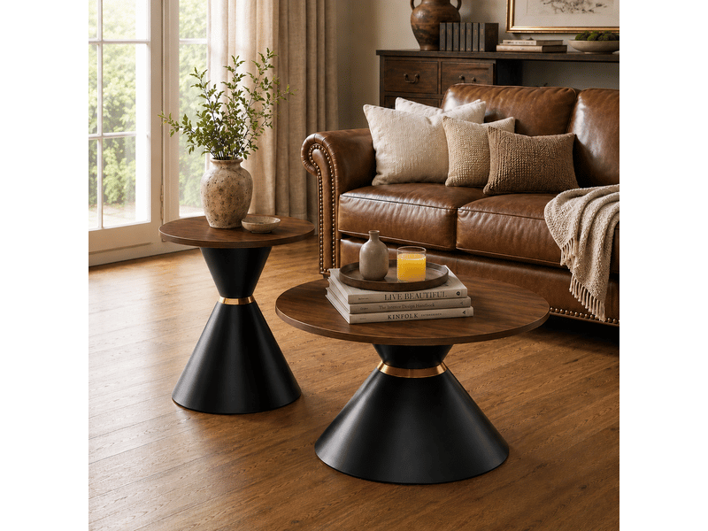 Tables basses gigognes coniques en mélaminé et métal pour salon ø70×42,5 et ø50×50,5 cm noyer noir - Conforama B