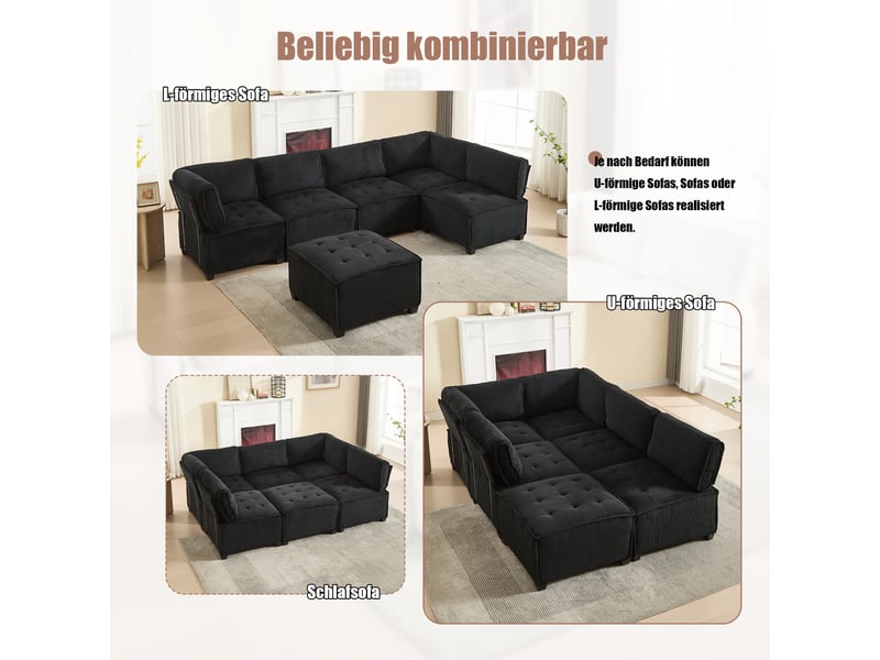  Canapé d'angle, canapé convertible : noir, 6 places, 308 cm, en velours  - Conforama E