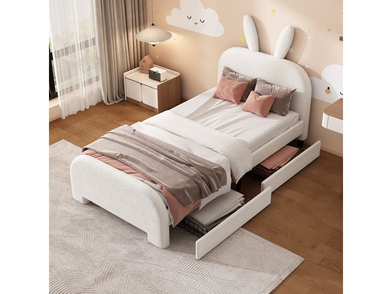  Lit enfant 90x200 cm avec tiroirs, tête de lit lapin rembourrée blanche  - Conforama B