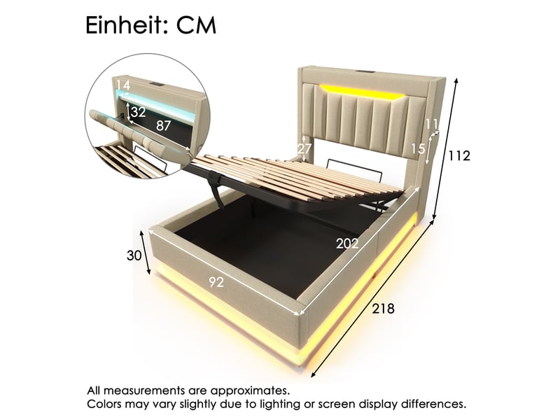 Lit capitonné 90x200 cm avec coffre de rangement, led, ports usb et tête de lit étagère, lin beige - Conforama C