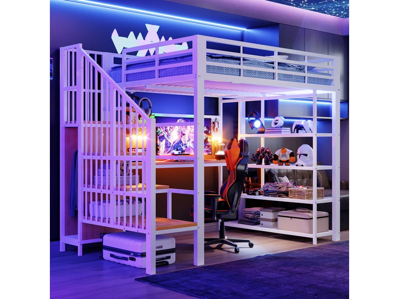  Lit mezzanine 140x200 cm, lit enfant, bureau, panneau perforé, étagères, barrière antichute, led, bois et métal blanc  - Conforama C