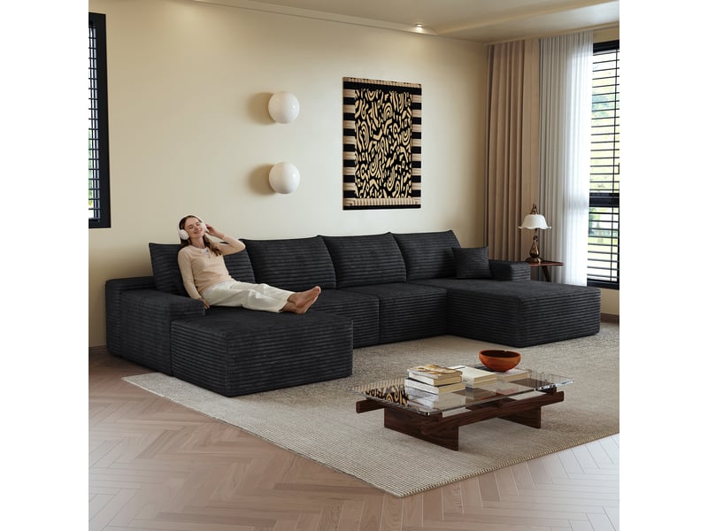  Canapé d'angle noir modulable avec méridienne, canapé en l assise profonde sans montage, canapé compressé  - Conforama E