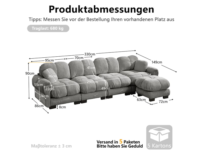 Canapé d'angle l modulable 4 places en tissu chenille gris clair, avec ottomane mobile, design à pas de velours fin, confortable et ergonomique  - Conforama C