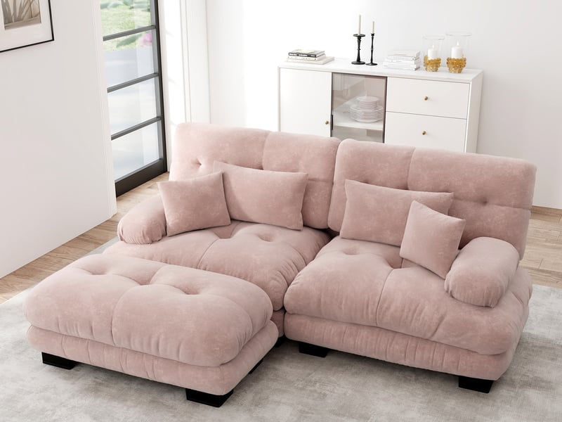  Canapé modulable d’angle 2 places avec ottomane en tissu rose  - Conforama B
