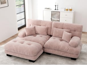 Canapé modulable d’angle 2 places avec ottomane en tissu rose