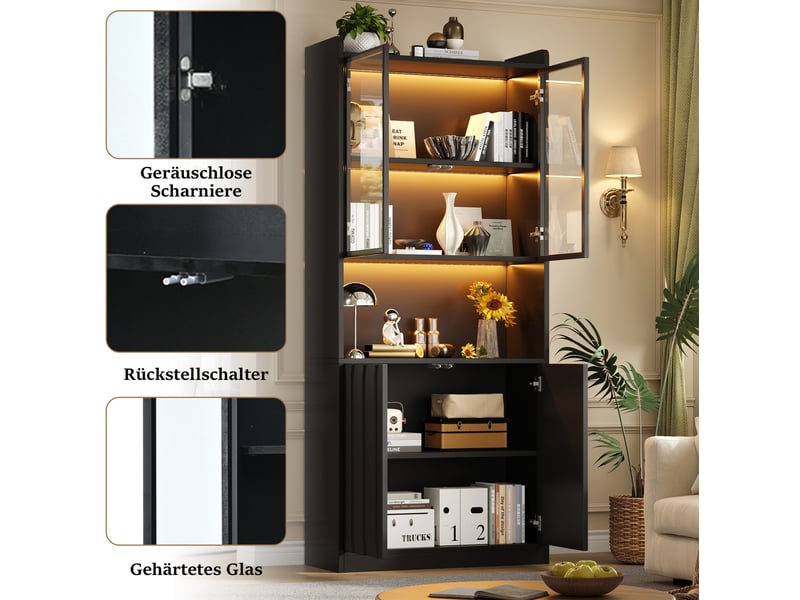  Vitrine à led, 8 portes dont 4 en verre, étagères réglables et rangements ouverts pour salon, noire 160 × 35 × 200 cm  - Conforama E