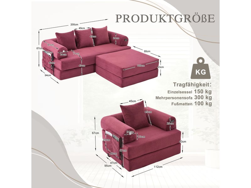  Canapé modulable revêtement en tissu côtelé cadre métal stable poche latérale 4 coussins confortables mousse haute densité combinaison libre usage polyvalent  - Conforama C