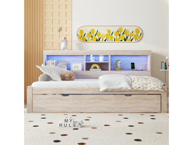  Lit banquette 90x200 lit gigogne bois naturel avec led et ports usb  - Conforama B