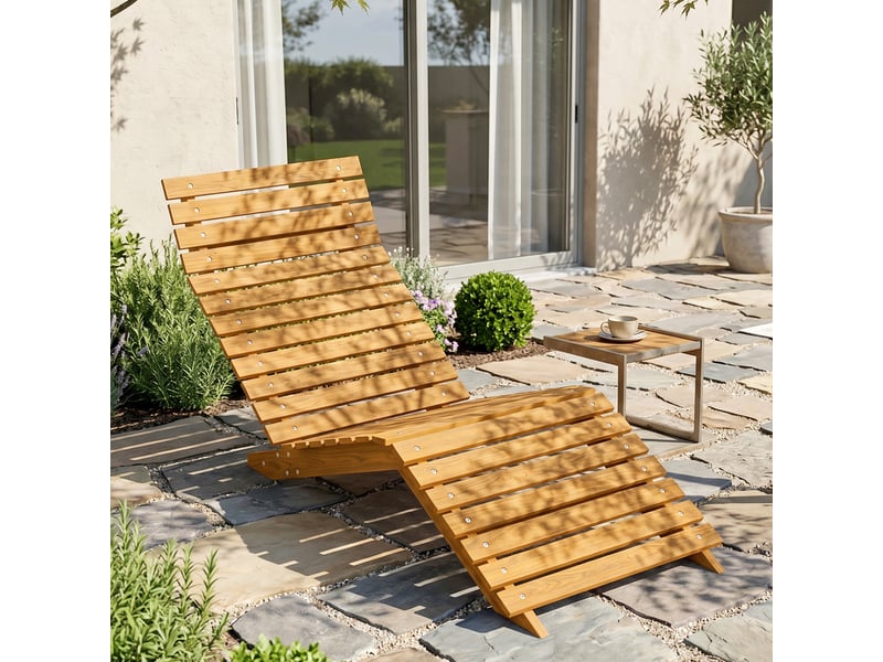  Chaise longue de jardin, transat, bois massif, marron, 66 x 170 x 77 cm  - Conforama B