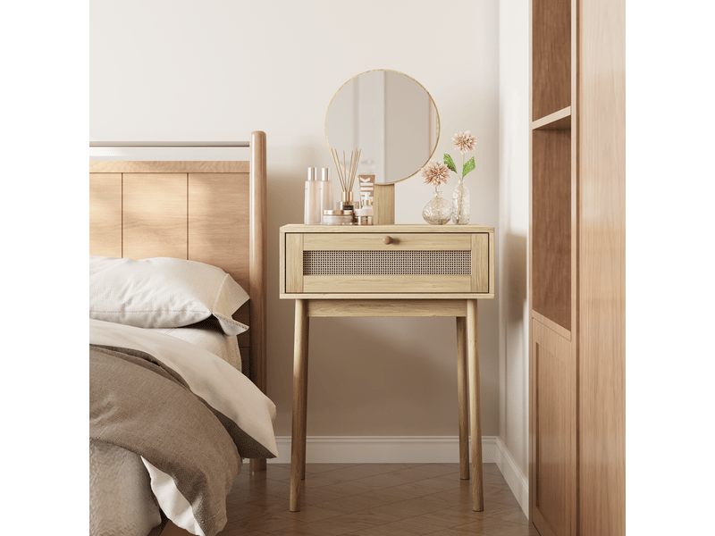  Petite coiffeuse avec miroir rond 60x50x128cm rangement | style bohème bois clair et cannage | 1 tiroir montage facile - bois naturel  - Conforama B
