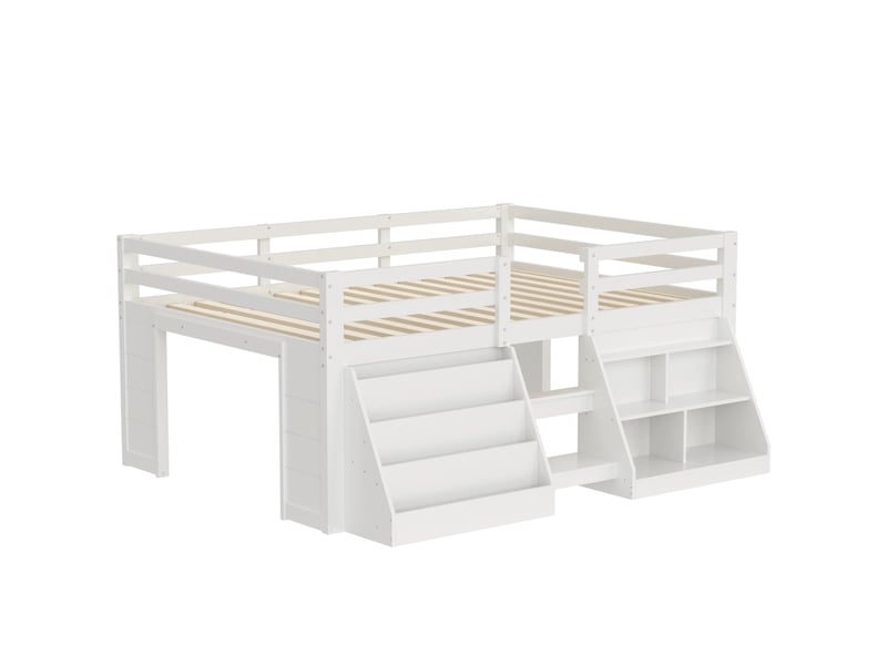  Lit mezzanine bas 140 × 200 cm, bois et mdf, led par application, rangements, échelle et barrières, sans matelas, blanc  - Conforama A