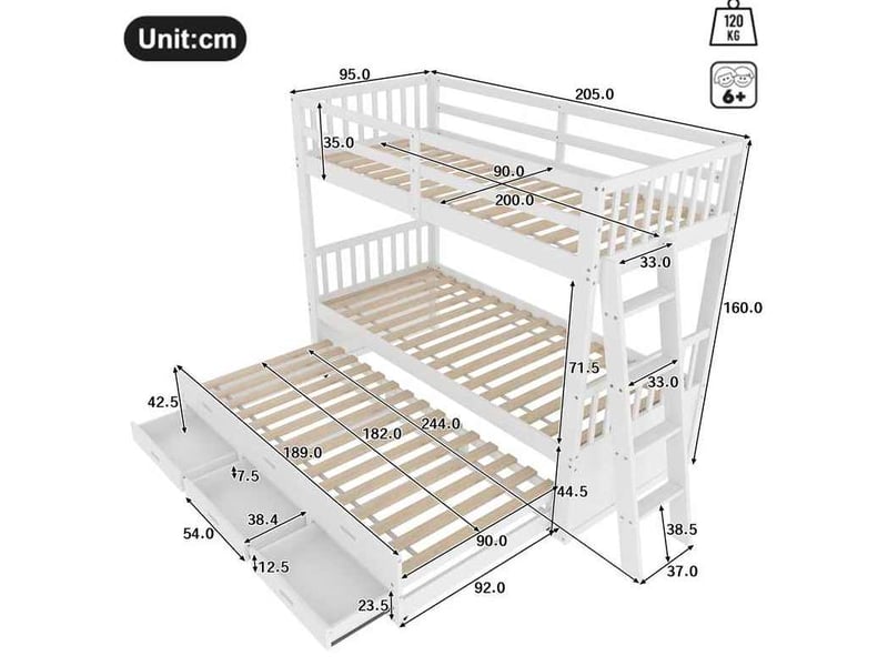 Lit superposé enfant 90 x 200 cm avec lit gigogne et 3 tiroirs, blancgris  - Conforama E