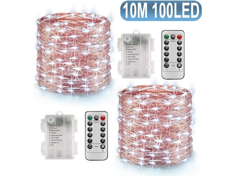  2 guirlandes lumineuses 10 m 100 led blanc‑froid, étanche ip65, piles, minuterie et télécommande, décoration intérieur‑extérieur noël, mariage, jardin  - Conforama A