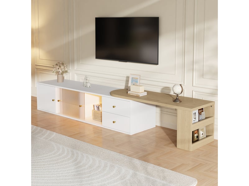  Meuble tv bas 175cm blanc et bois avec led et rangement – design moderne extensible  - Conforama C