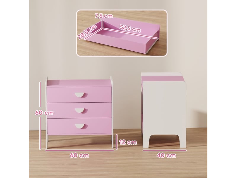  Commode enfant 60x40x60 cm – rose et blanc – 3 tiroirs de rangement en mdf avec plateau facile d'entretien  - Conforama C