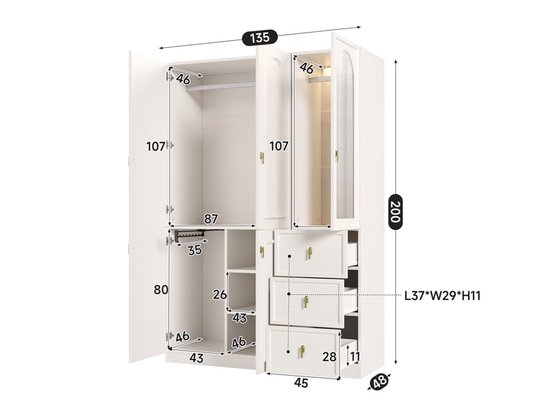  Armoire chambre 135x48x200 cm, grand meuble de rangement en mdf, en verre cannelé avec éclairage led, 5 portes et 3 tiroirs, blanc  - Conforama E