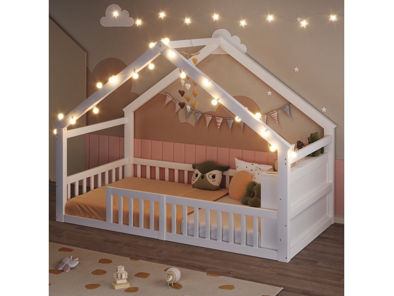 Lit enfant 90 x 190 cm avec barrières, étagères latérales et perles led blanc - Conforama C
