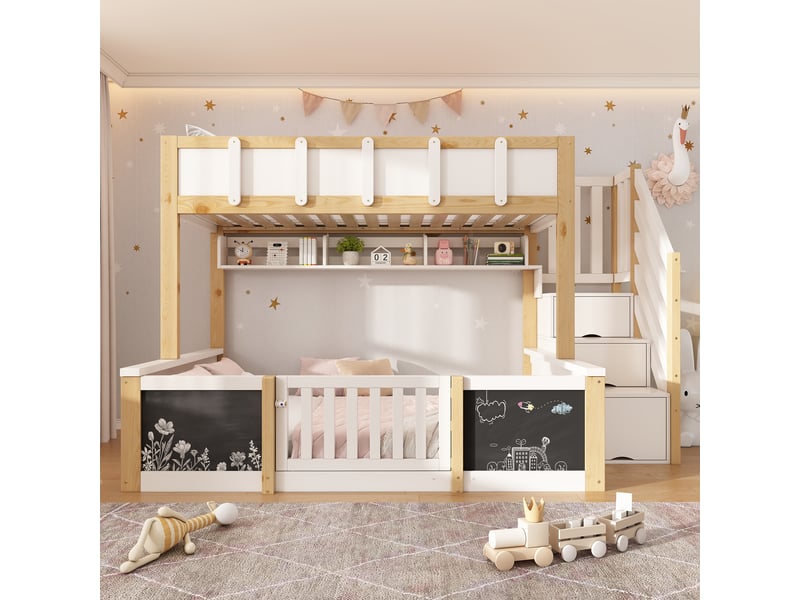  Lit superposé enfant 90×200+140×200 cm en bois, lit familial avec escalier coffre, porte de sécurité, tableau et rangements - blanc et bois naturel  - Conforama B