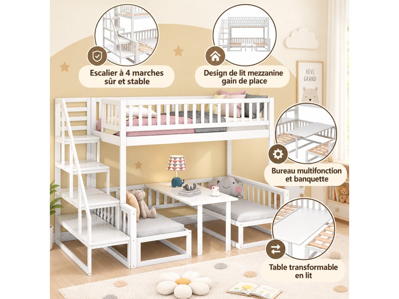  Lit superposé 90x200 et 120x200 cm avec escalier, table convertible, banquette bois et cadre pin, blanc  - Conforama E