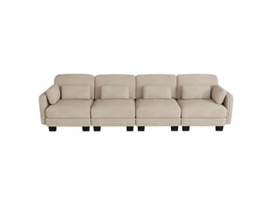 Canapé modulaire 4 places en chenille, canapé droit marron clair pour salon, coussins lombaires et accoudoirs inclus
