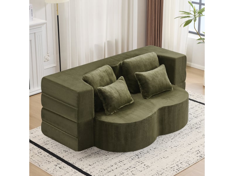  Grand canapé de sol vert moderne – 4 coussins, flanelle, matelas mousse hd pliant, sans montage, idéal salon  - Conforama B