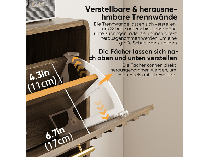  Meuble à chaussures 80 x 24 x 95 cm – noyer – 2 abattants réglables et étagère ouverte sur pieds  - Conforama E