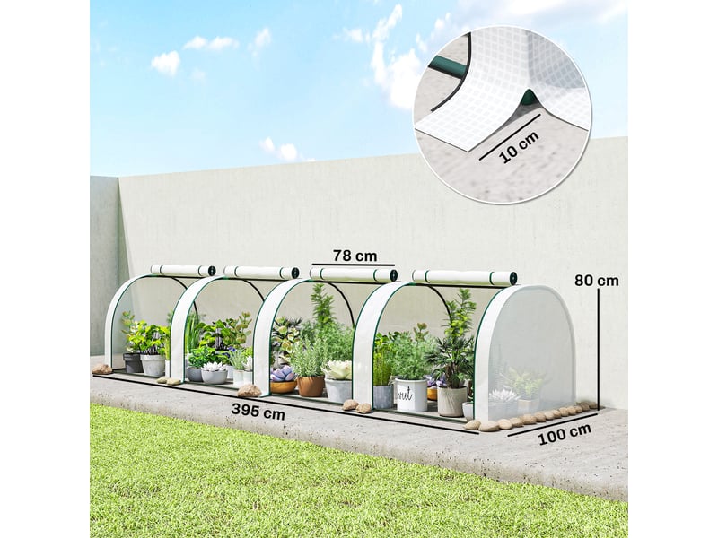  Mini serre de jardin serre à tomates 4 x 1 x 0,80 m acier pe anti-uv 4 portes avec zip enroulables blanc  - Conforama E