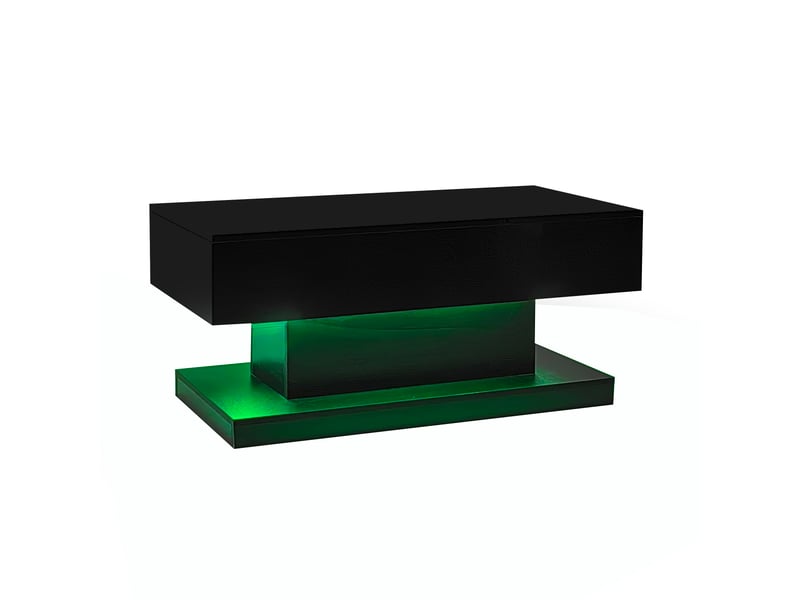  Table basse relevable laquée brillante, 100 x 50 x 45 cm avec éclairage led – plateau semi-relevable et coulissant latéralement, levage hydraulique et espace de rangement  - Conforama E