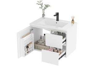 Meuble sous vasque mural avec 1 tiroir, 2 portes et éclairage led radar pour salle de bain, mdf blanc 76×46×50 cm
