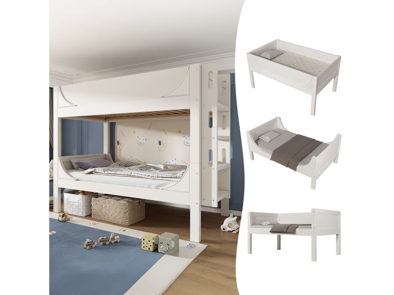  Lit superposé séparable 90x200 cm avec échelle modulable, design traîneau, transformable en deux lits simples, blanc  - Conforama W